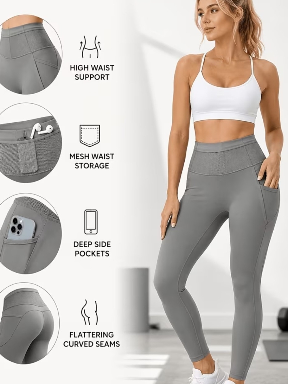 High-Waist Grey Sculpting Leggings with Deep Side Pockets